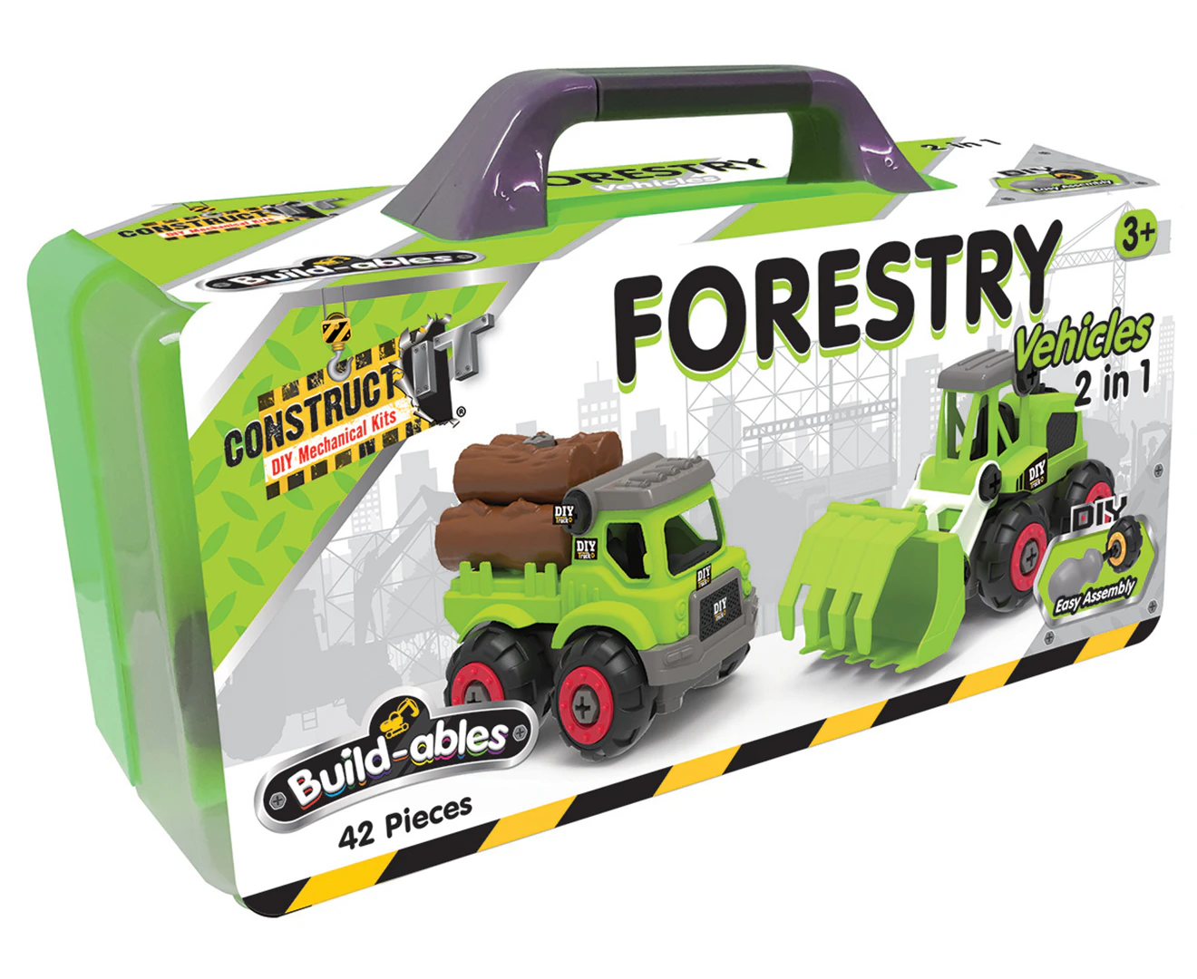 42pc Construct IT Buildables 2-in-1 Forestry Vehicle Set w/ Case Kids 3+ Green