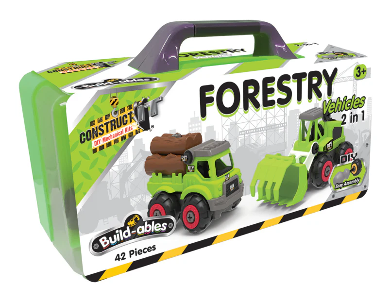 42pc Construct IT Buildables 2-in-1 Forestry Vehicle Set w/ Case Kids 3+ Green