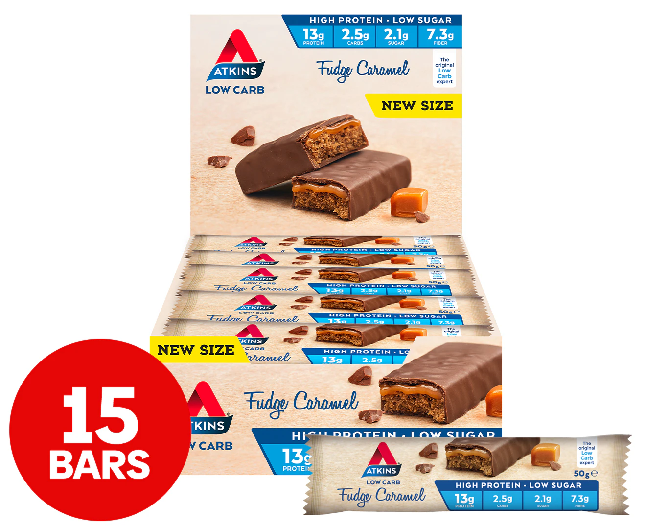 15 x Atkins Low Carb Bars Fudge Caramel 50g