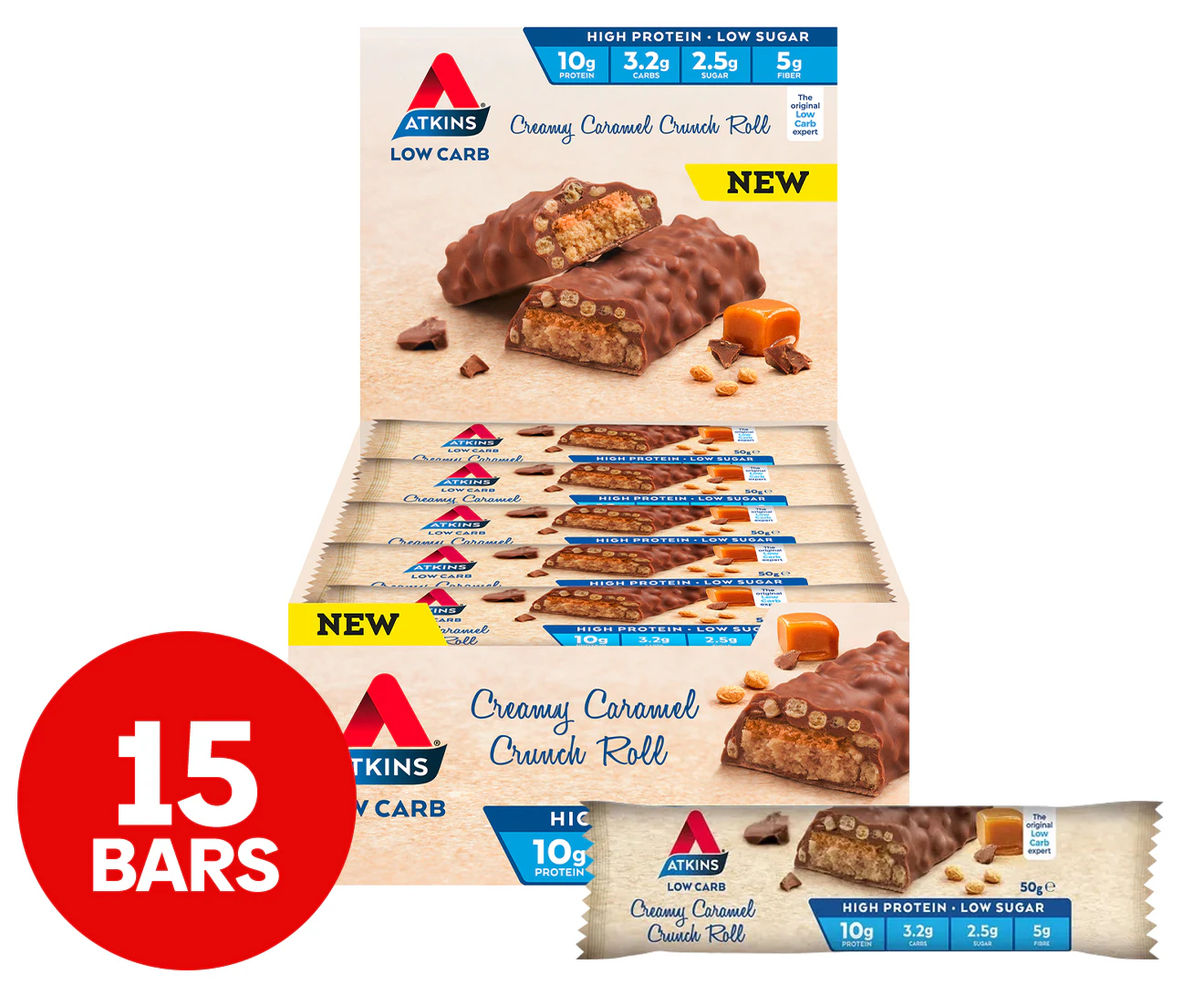 15 x Atkins Low Carb Bars Creamy Caramel Crunch Roll 50g