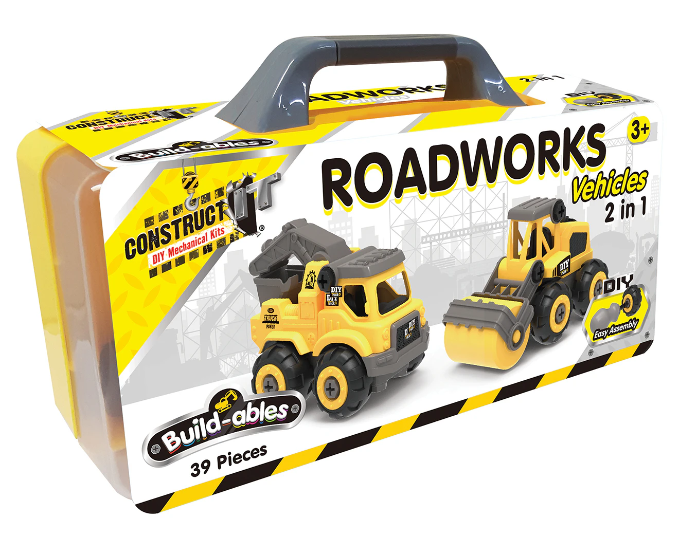 39pc Construct IT Buildables 2-in-1 Roadworks Vehicle Set w/ Case Kids 3+ YLW