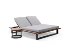 Outdoor Balmoral Aluminium Double Sun Lounge In Charcoal With Round Side Table - Outdoor Sun Lounges - Charcoal w/ Textured Grey Cushions