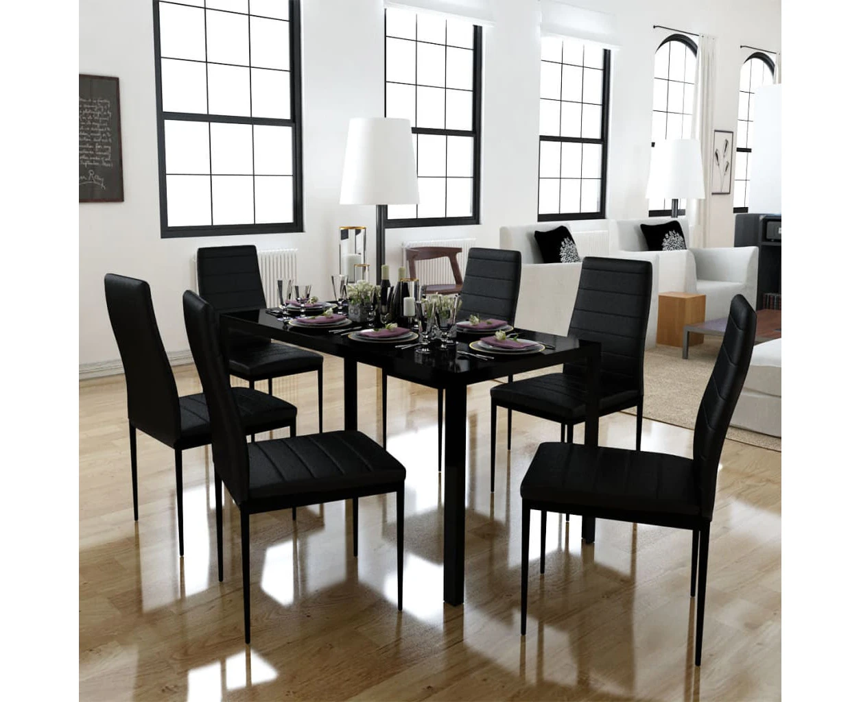 Seven Piece Dining Table Set Black