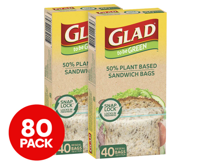 2 x 40pk Glad to be Green Snap Lock Plant Based Resealable Sandwich Bags