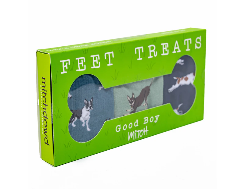Mitch Dowd - Men's Dog Feet Treats Cotton Crew Socks 3 Pack Gift Box - Blue & Greens