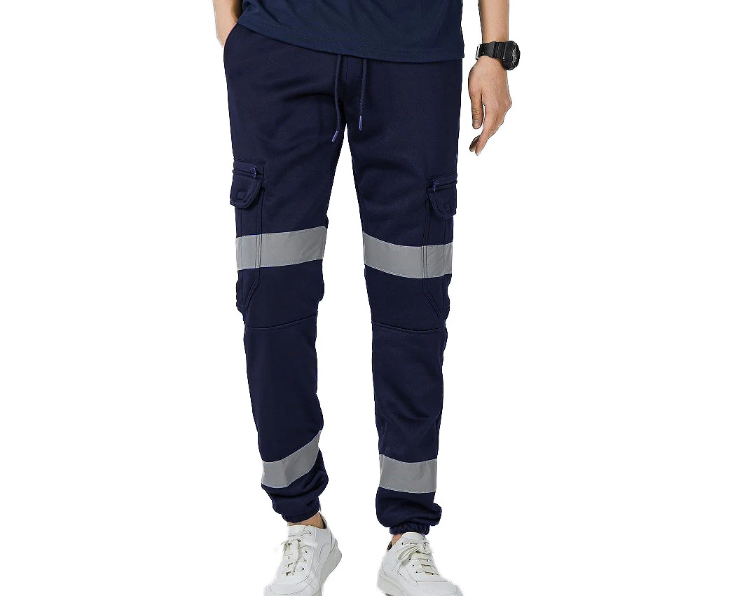 Mens Hi Vis Fleece Pants Reflective Tapes Cargo Workwear Safety Track Trousers - Navy