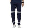 Mens Hi Vis Fleece Pants Reflective Tapes Cargo Workwear Safety Track Trousers - Navy