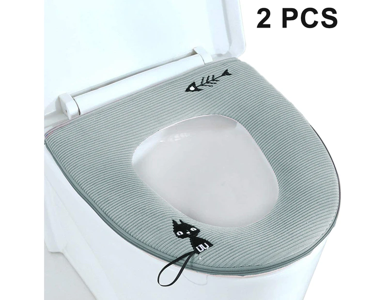 2Pcs Toilet Seat Cover With Zipper, Washable Standard Toilet Lid Cover With Handle, Soft Thicken Warm Cover Pad Cushion For Bathroom,Gray