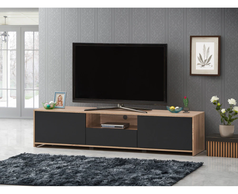 Kodu Lesley Entertainment Unit TV Cabinet Lowline TV Stand 180cm 2 doors 1 drawer woodgrain and black