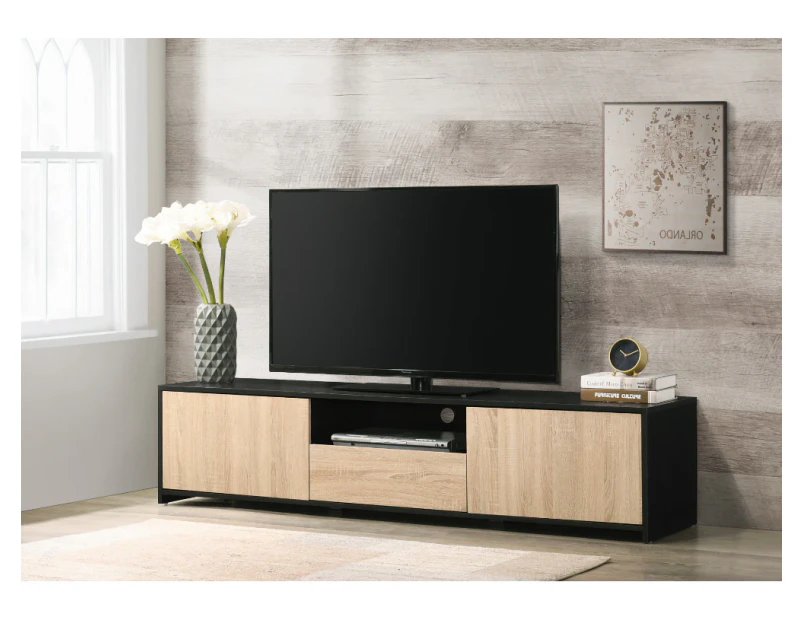 Kodu Lesley Entertainment Unit TV Cabinet Lowline TV Stand 180cm 2 doors 1 drawer black and woodgrain