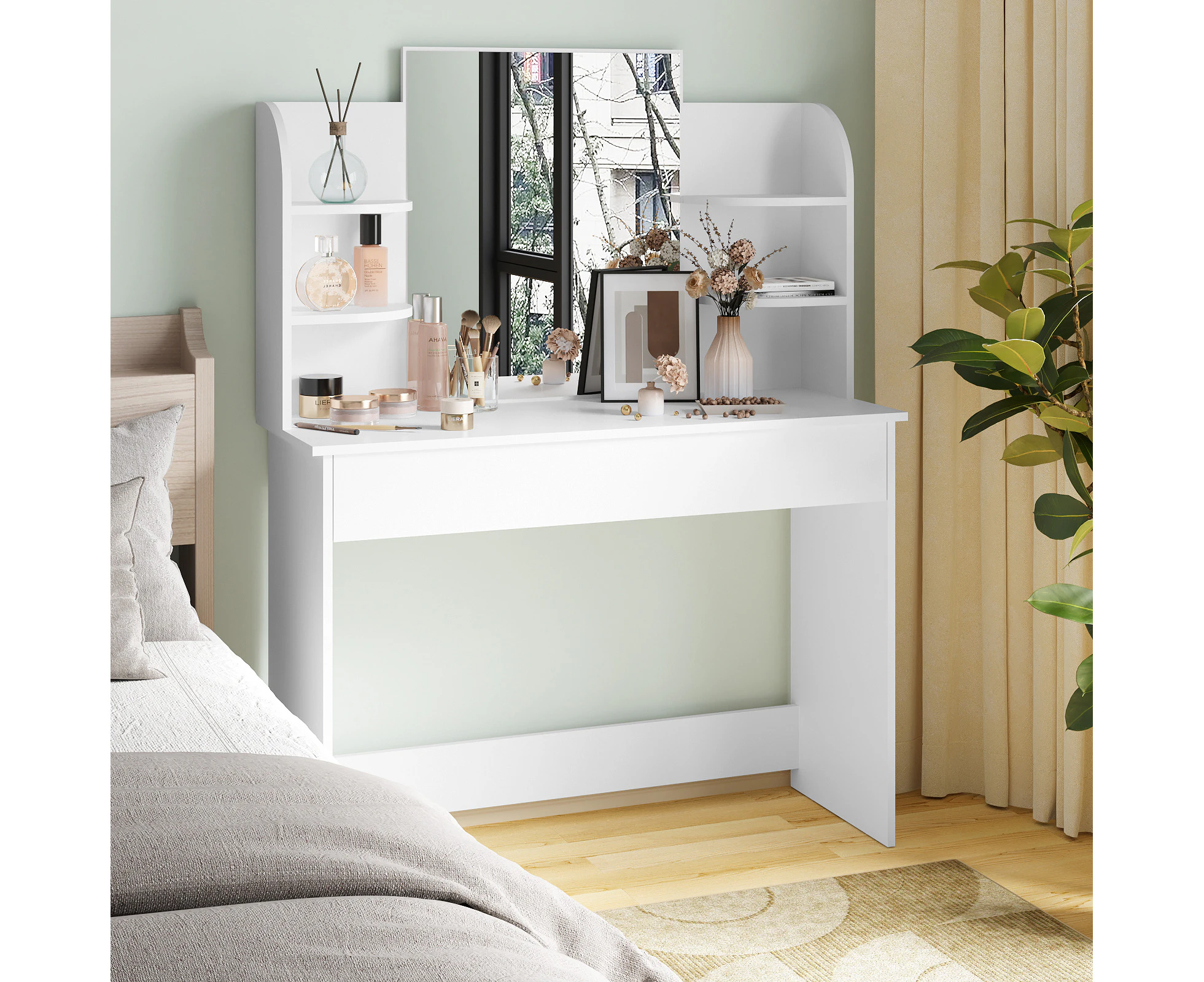 Advwin Dressing Table with Mirror,Drawers and Open Shelves Makeup Dresser Vanity Desk White