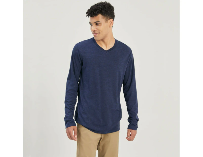 Kathmandu Men's 100% Merino Long Sleeve V-Top - Blue Midnight Navy Marle