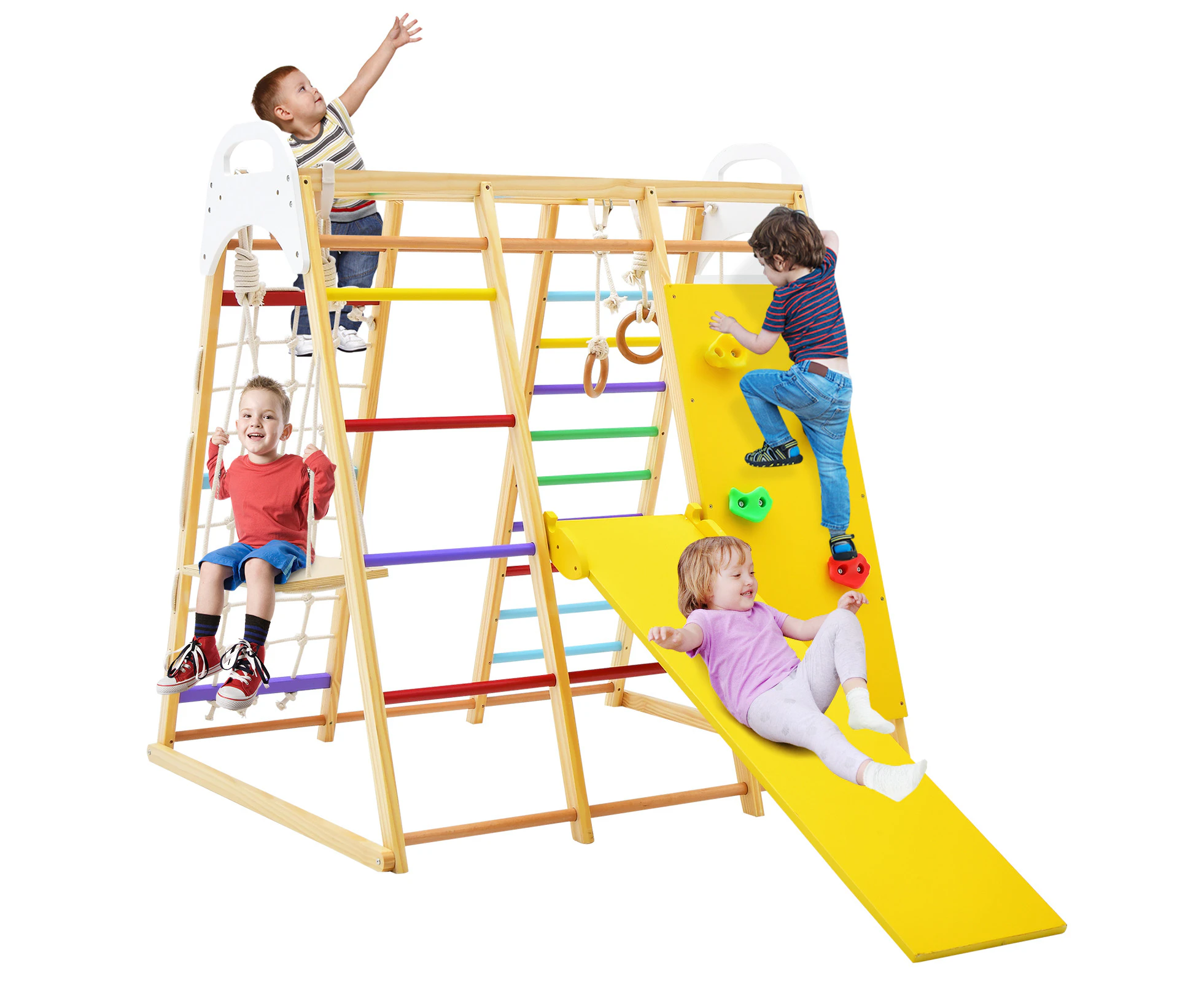 Costway 8-in-1 Kids Playground Set Wood Swing Slide Climb Play Sets Indoor Outdoor Kidergarden Amusement Park