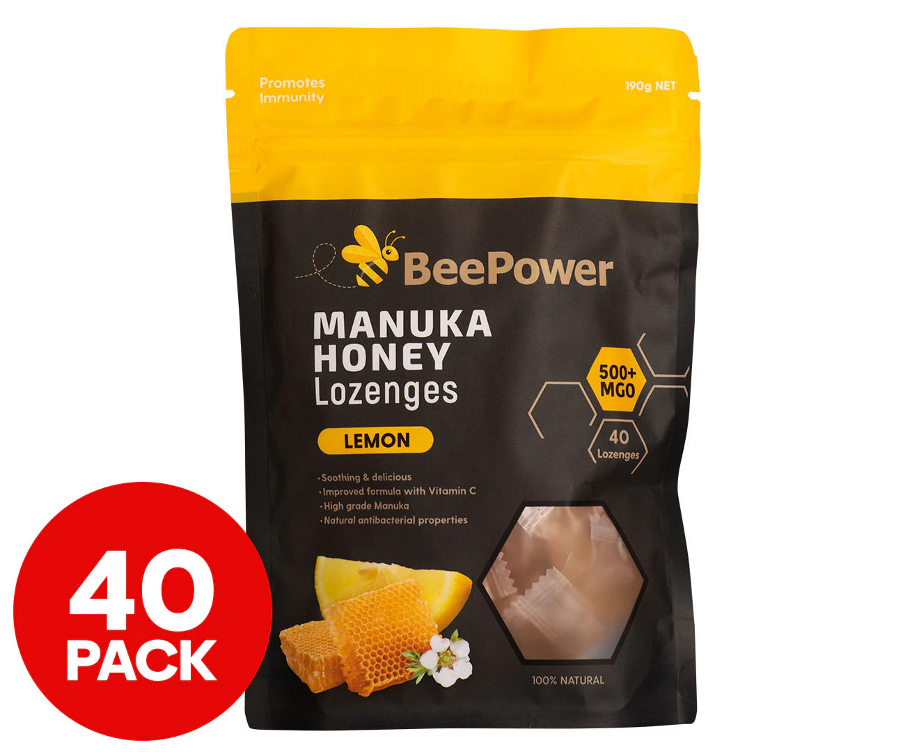 BeePower Manuka Honey 500+ MGO Lozenges Lemon 40pk