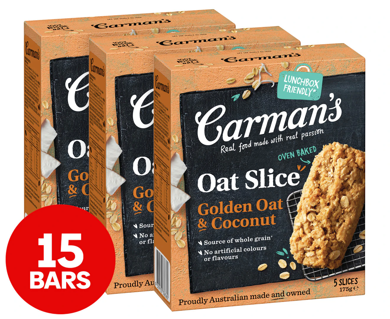 3 x 5pk Carman's Oat Slice Golden Oat & Coconut 175g