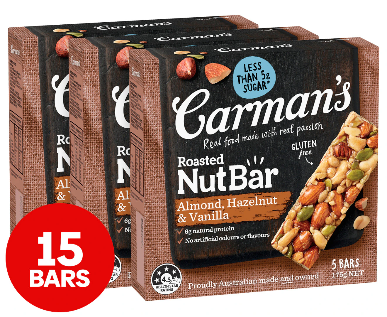 3 x 5pk Carman's Nut Bars Almond, Hazelnut & Vanilla 175g