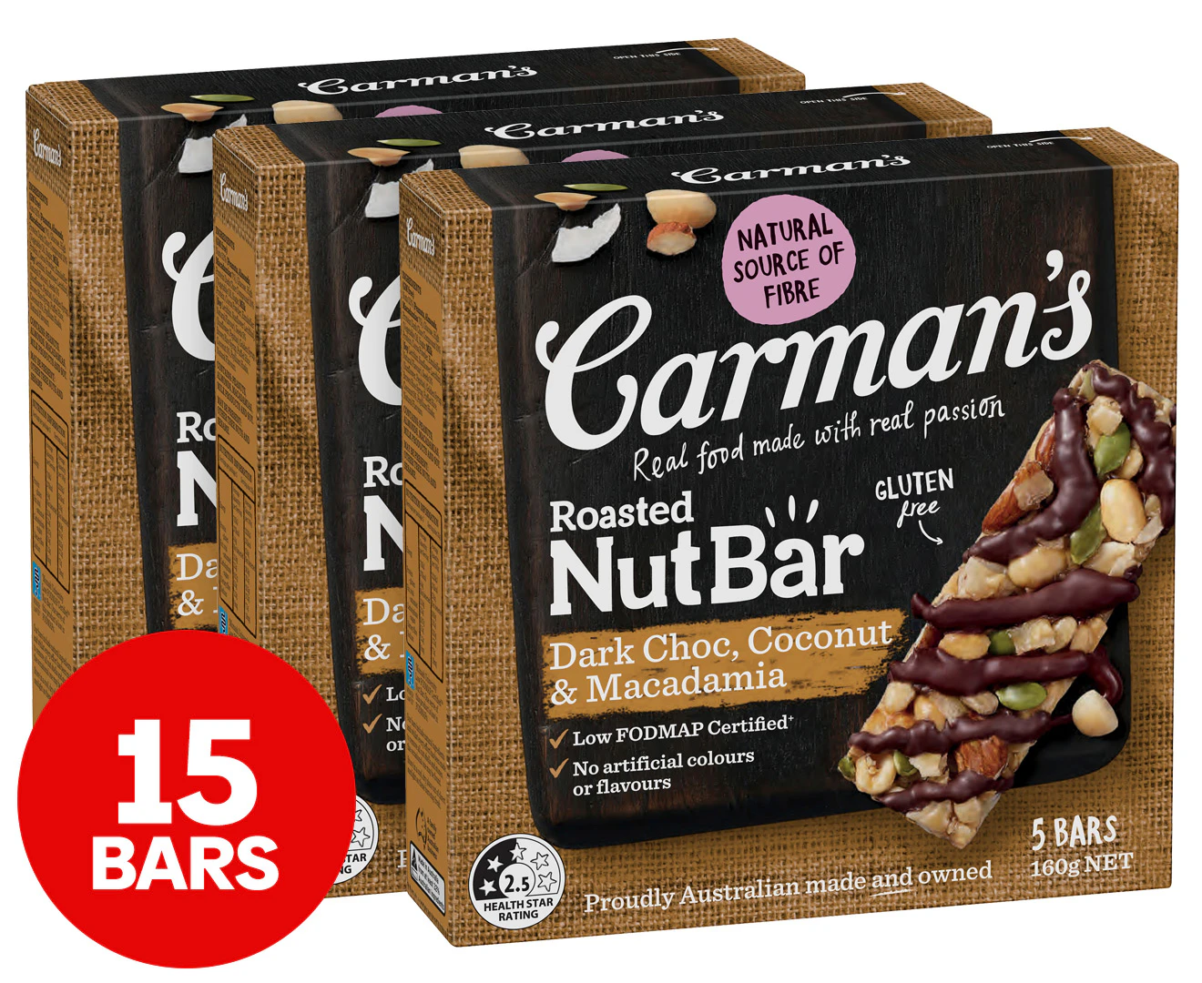 3 x 5pk Carman's Nut Bars Dark Choc, Macadamia & Coconut 160g