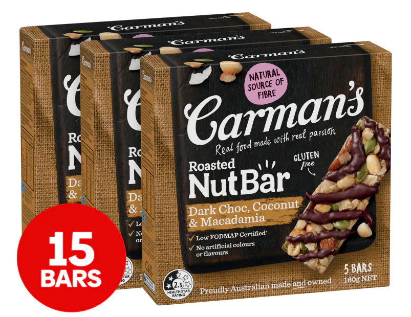 3 x 5pk Carman's Nut Bars Dark Choc, Macadamia & Coconut 160g