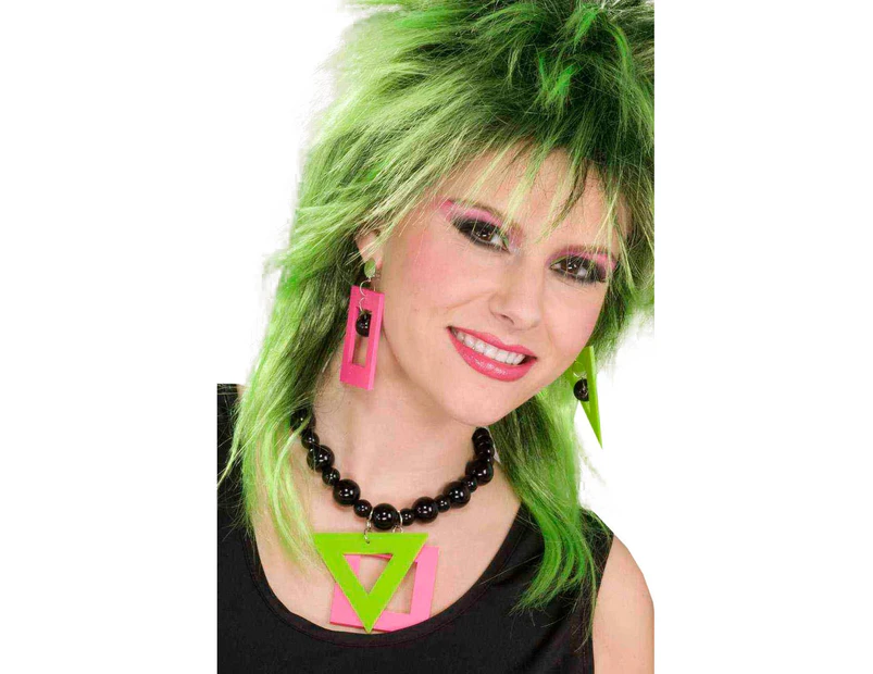 1980s Neon Pink And Green Geometric Shape Necklace and Earring Set
