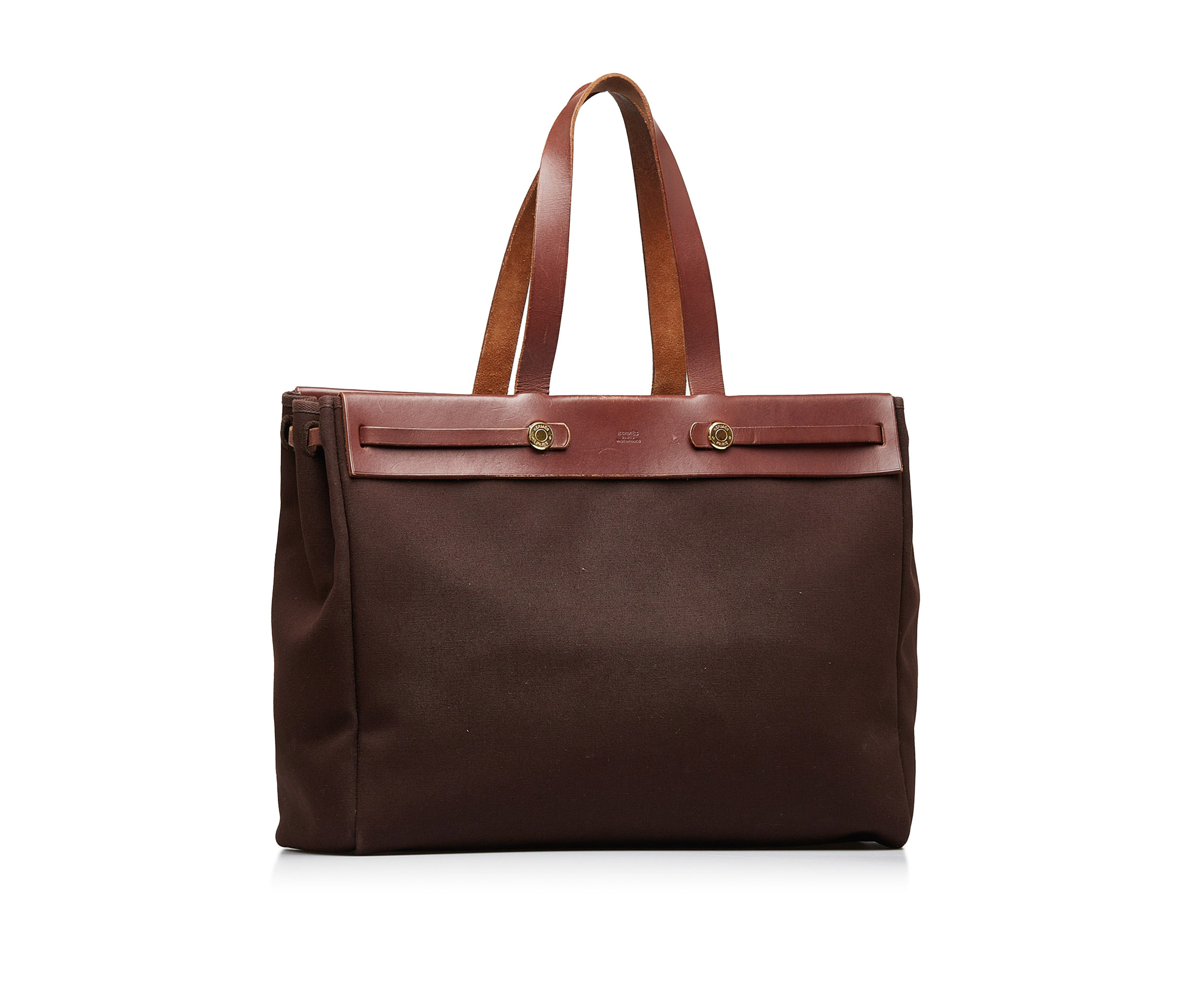 Auth Hermes Her Bag Cabas GM □F Stamp Women's Toile Officier Tote Bag Brown