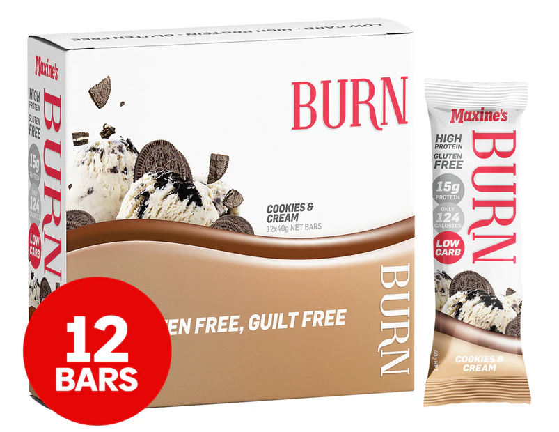 12 x Maxine's Burn Protein Bars Cookies & Cream 40g