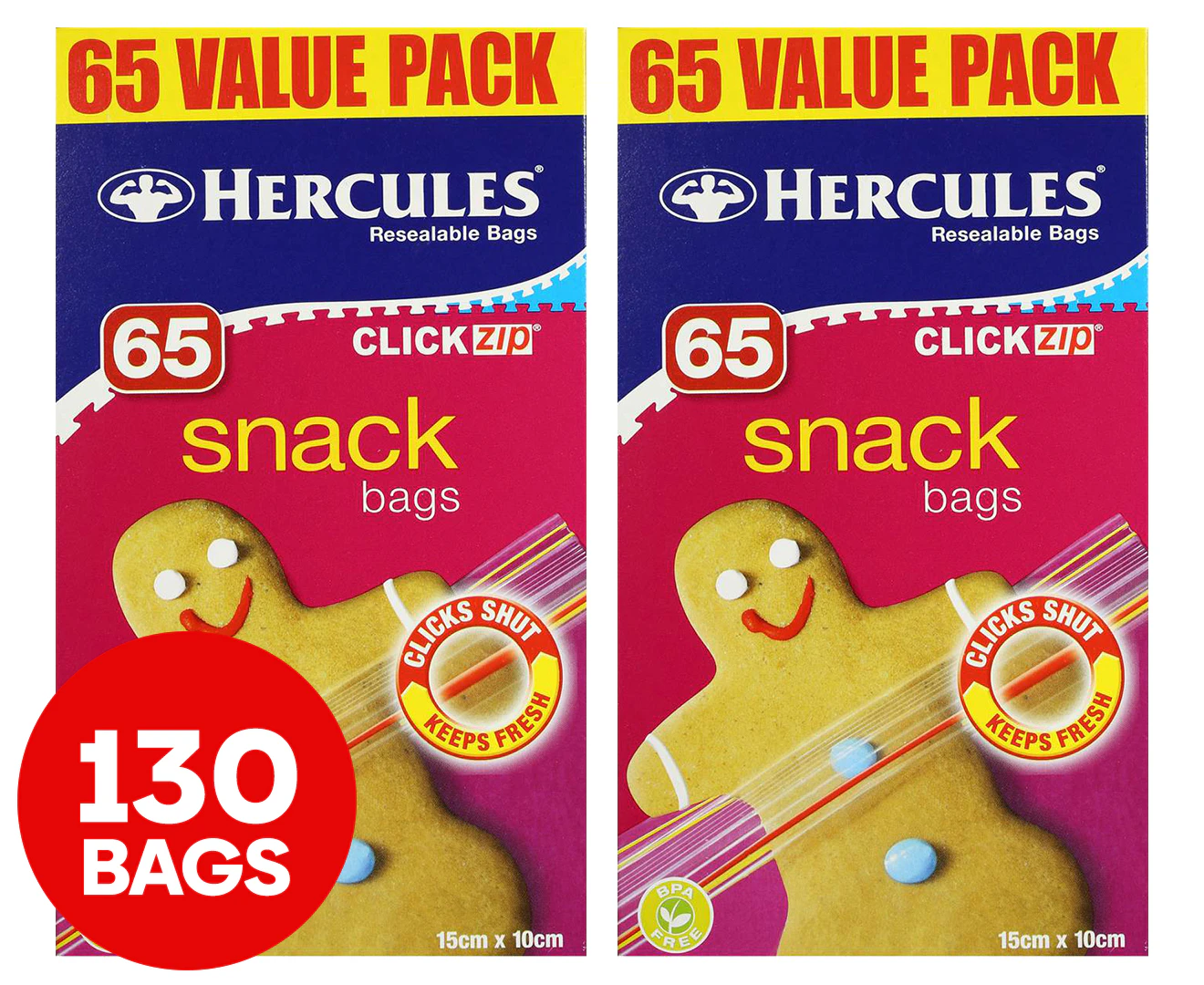 2 x 65pk Hercules Click Zip Resealable Snack Bags