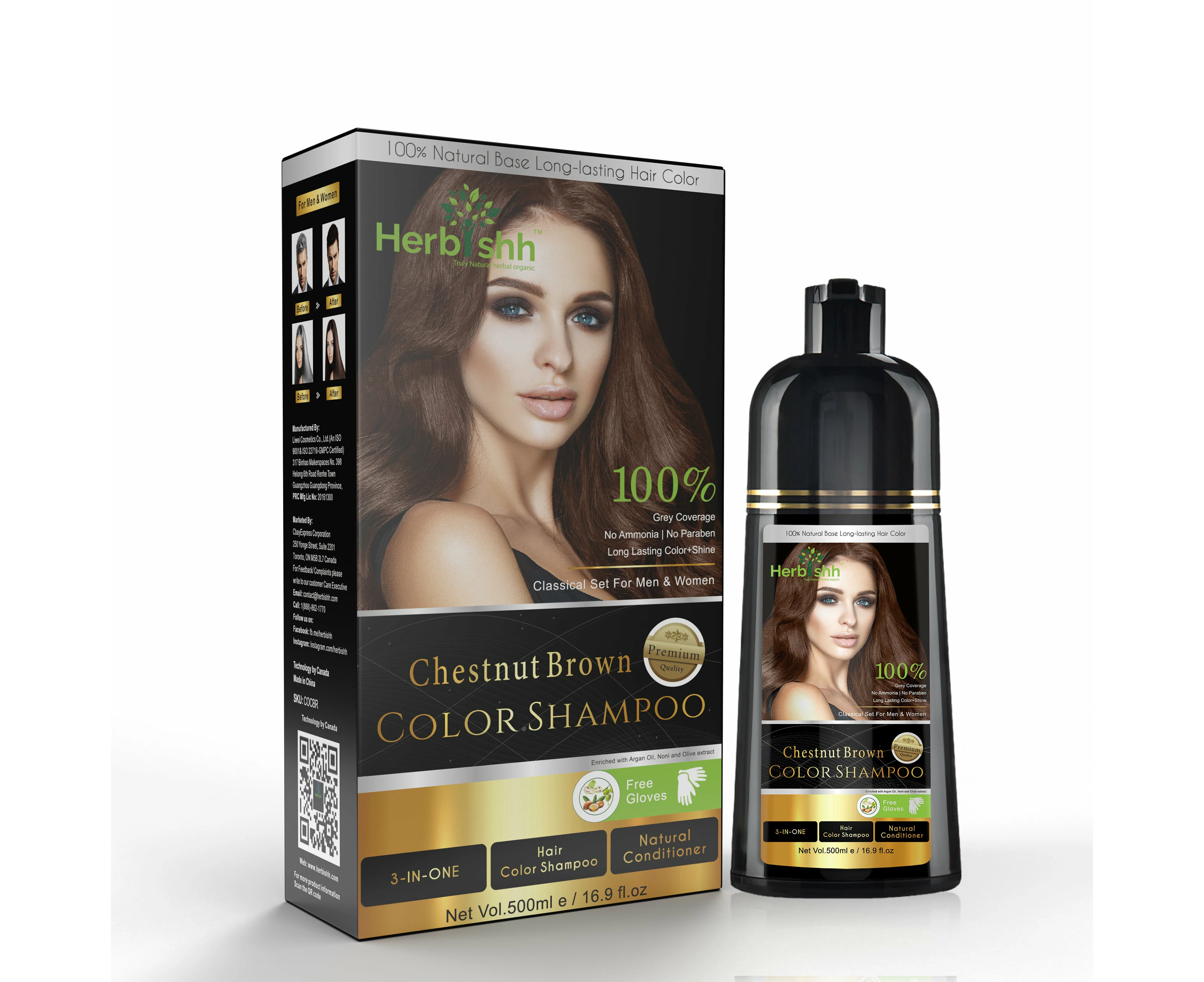 Herbishh Magic Hair Colour Dye Shampoo 500ML 3 In 1 - Chestnut Brown