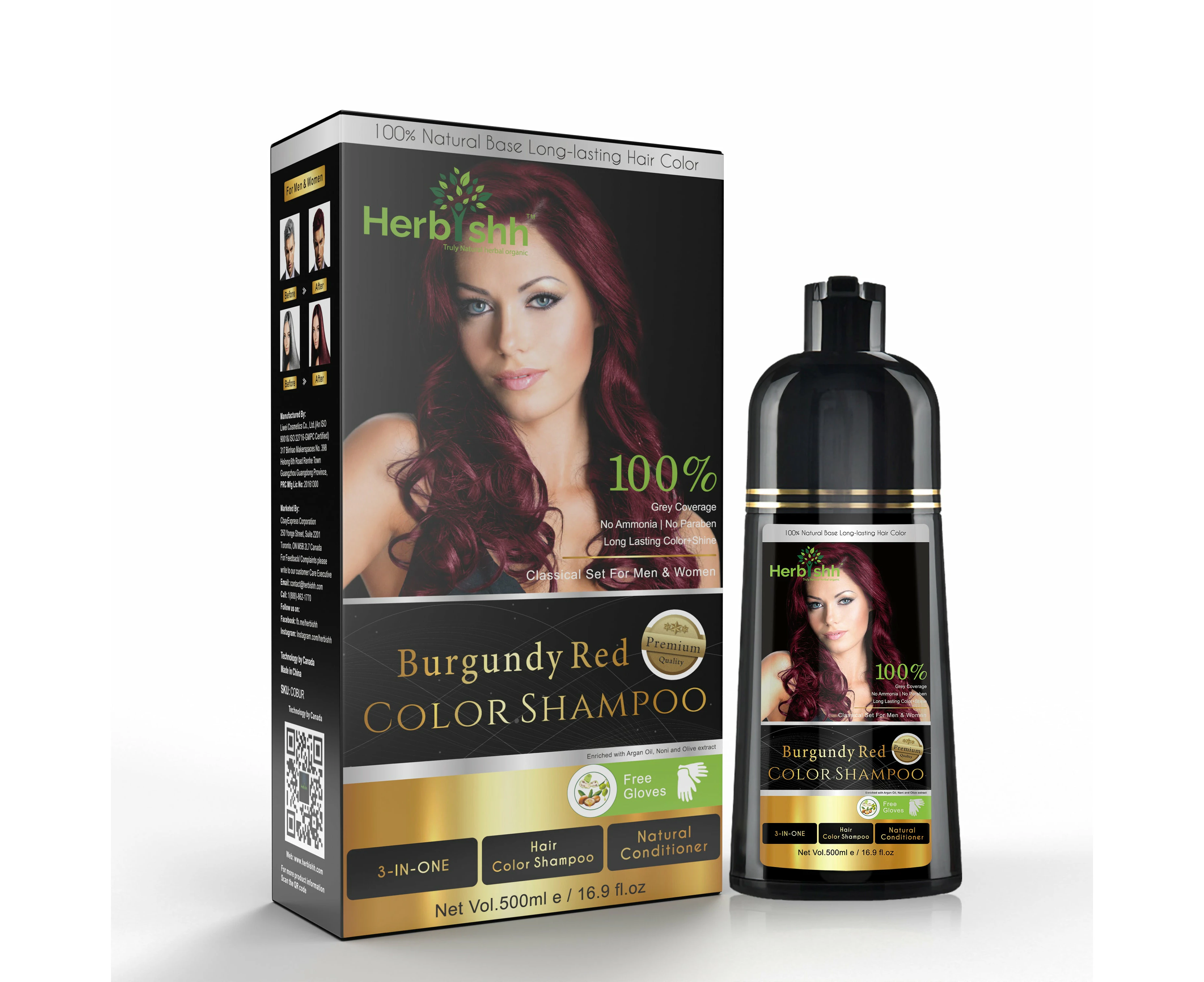 Herbishh Magic Hair Colour Dye Shampoo 500ML 3 In 1 - Burgundy