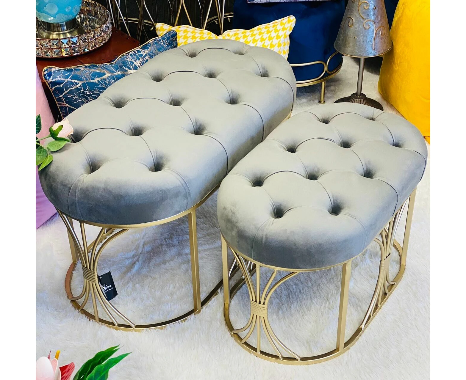 Premium footstool/velvet ottomans l2 with gold base in light grey colour set of 2