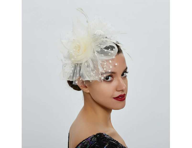 Vintage Women's Fashion Flower Feather Fascinator Hat Ladies Hair Accessories Wedding Party Floral Mesh Veil Headband Hairpin - Cream