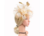 Vintage Women's Fashion Flower Feather Fascinator Hat Ladies Hair Accessories Wedding Party Floral Mesh Veil Headband Hairpin - Cream