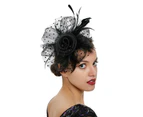 Vintage Women's Fashion Flower Feather Fascinator Hat Ladies Hair Accessories Wedding Party Floral Mesh Veil Headband Hairpin - Black