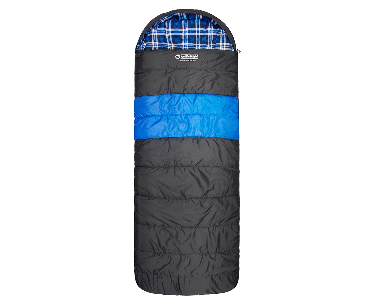 Wildtrak Kalgan 220x80cm Hooded Sleeping Bag Thermal Camping Sleeper Blue/Black