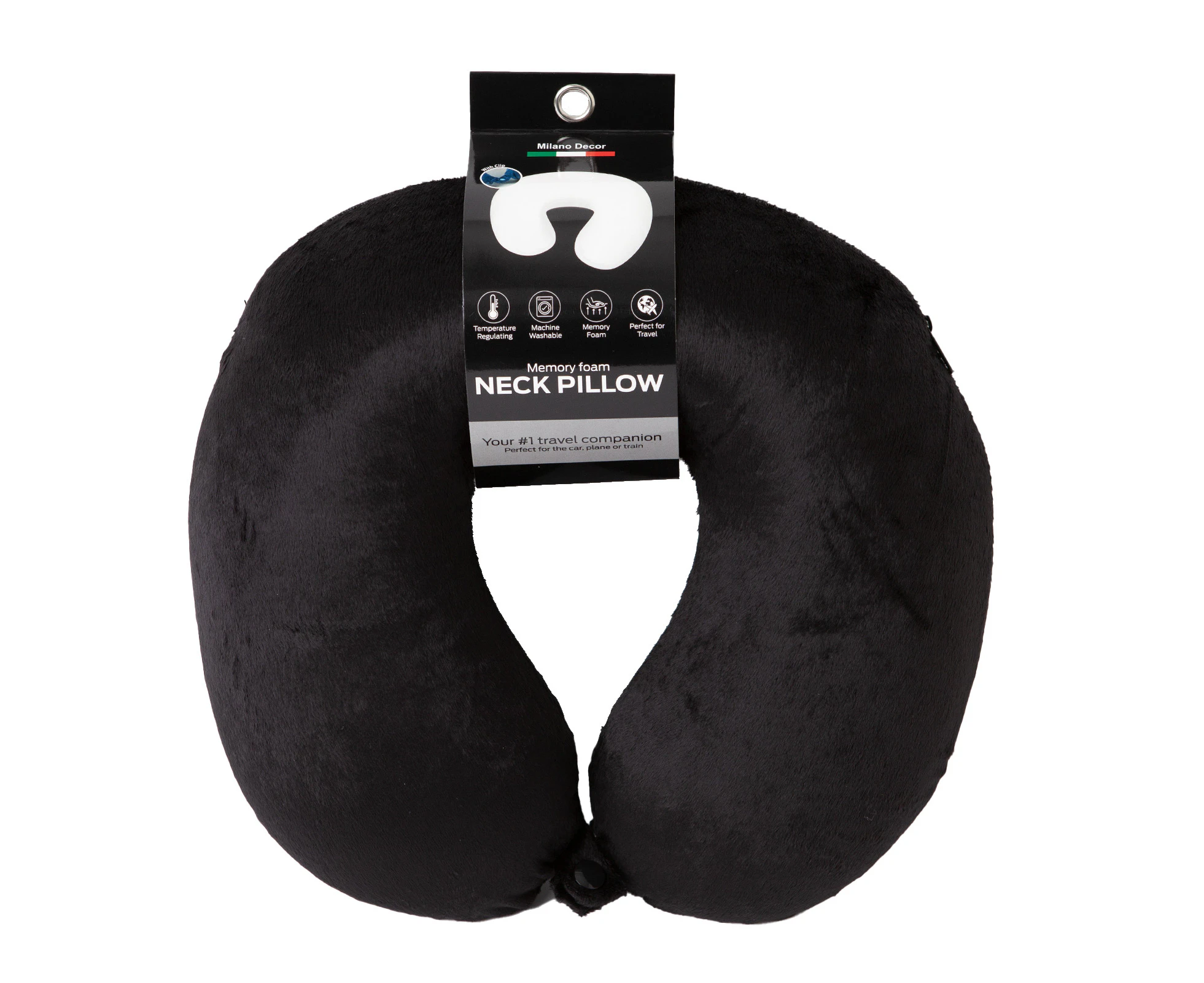 Milano Decor Memory Foam Travel Neck Pillow With Clip Cushion Support Soft - Colour: Black