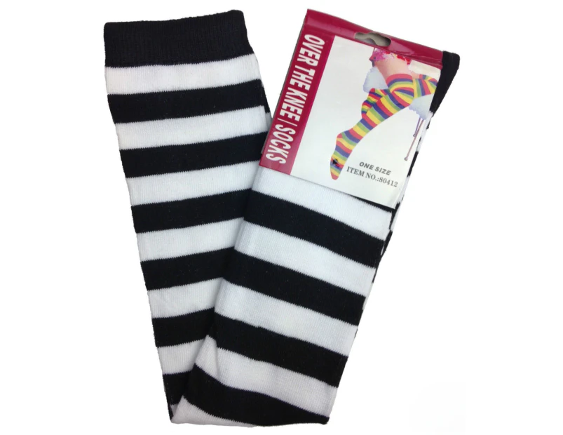 OVER THE KNEE SOCKS Plain Striped High Thigh Ladies Long Womens Stripey Stocking - Black/White