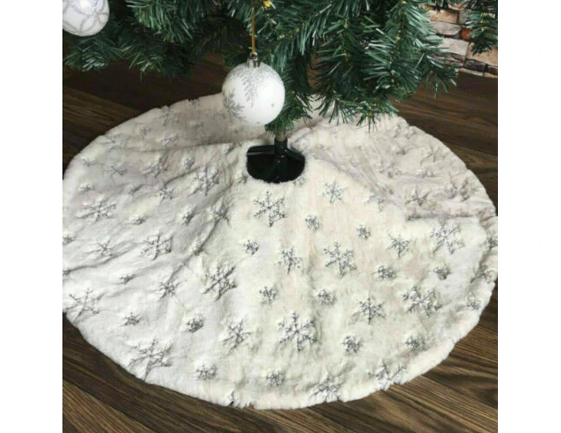 Christmas Tree Skirt, Snowy White Faux Fur Tree Skirt, Plush Christmas Tree Mat with Gold Sequin Snowflake for Xmas Holiday Home Party Decorations