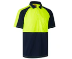 HI VIS Short Sleeve Polo Workwear Shirt Tops Tee Tradie Cool Dry Safety Two Tone - Fluro Yellow / Navy