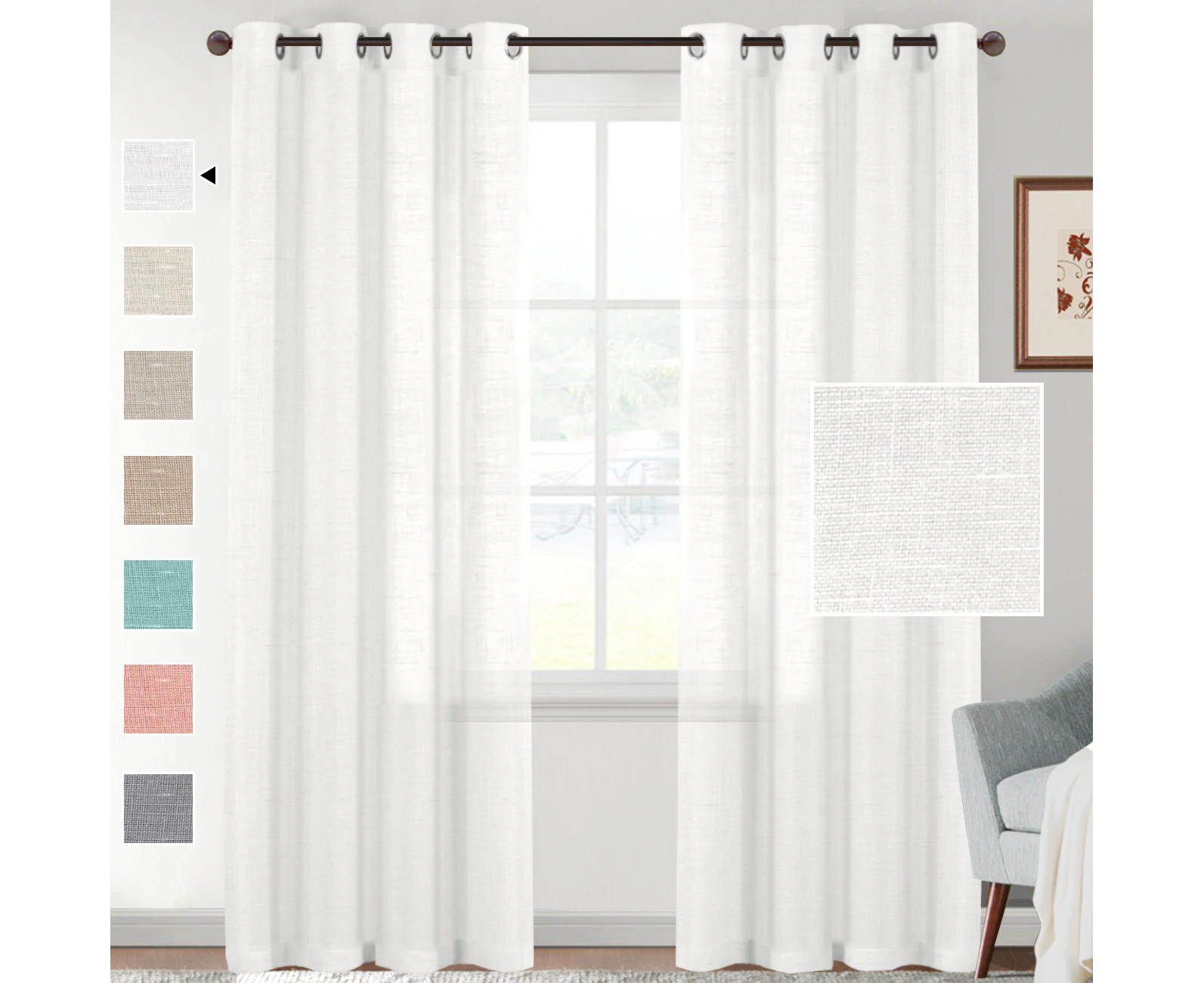 Natural Linen Semi Sheer Curtains for Bedroom Living Room, Eyelets Window Curtain Drapes Light Filtering Grommet Classic Curtains 2 Panels - White