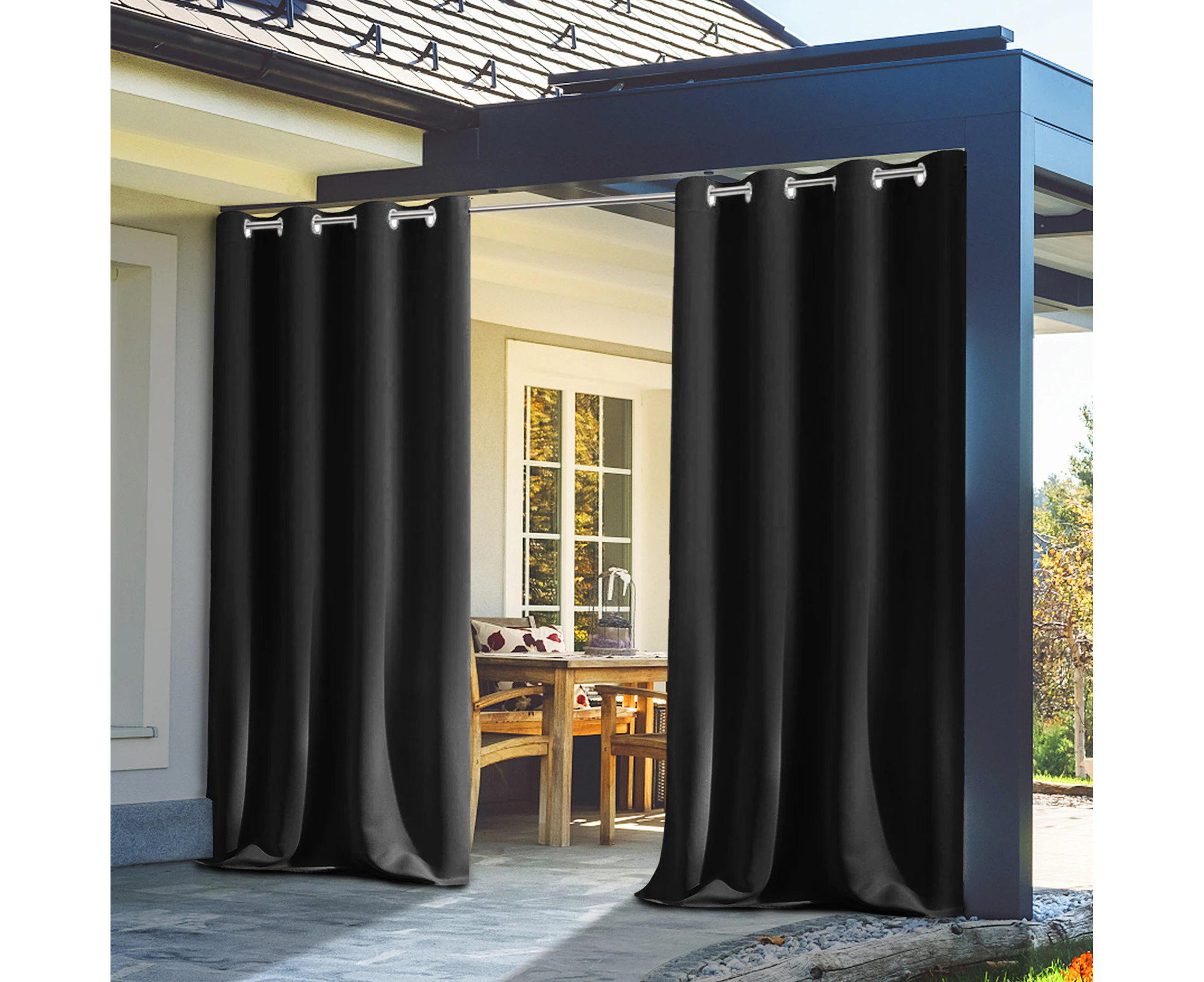 2 x Waterproof Outdoor Curtains for Patio, Thick Grommet Insulated Blackout Outdoor Drapes privacy fo Patio, Porch, Pergola, Cabana - Black