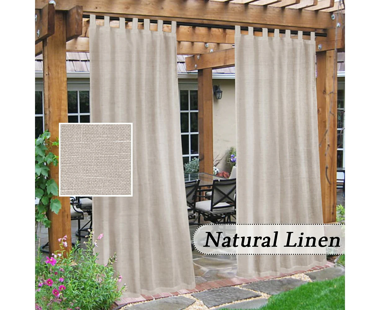 Waterproof Outdoor Natural Linen Curtains for Patio, Sheer Curtain with Detachable Self-Stick Tab Top for Patio, Gazebo, Porch, Pergola - Natural