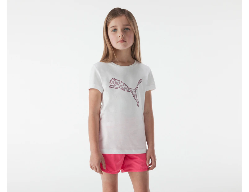 Puma Youth Girls' Mass Merchant Style Tee / T-Shirt / Tshirt - White/Festival Fuchsia