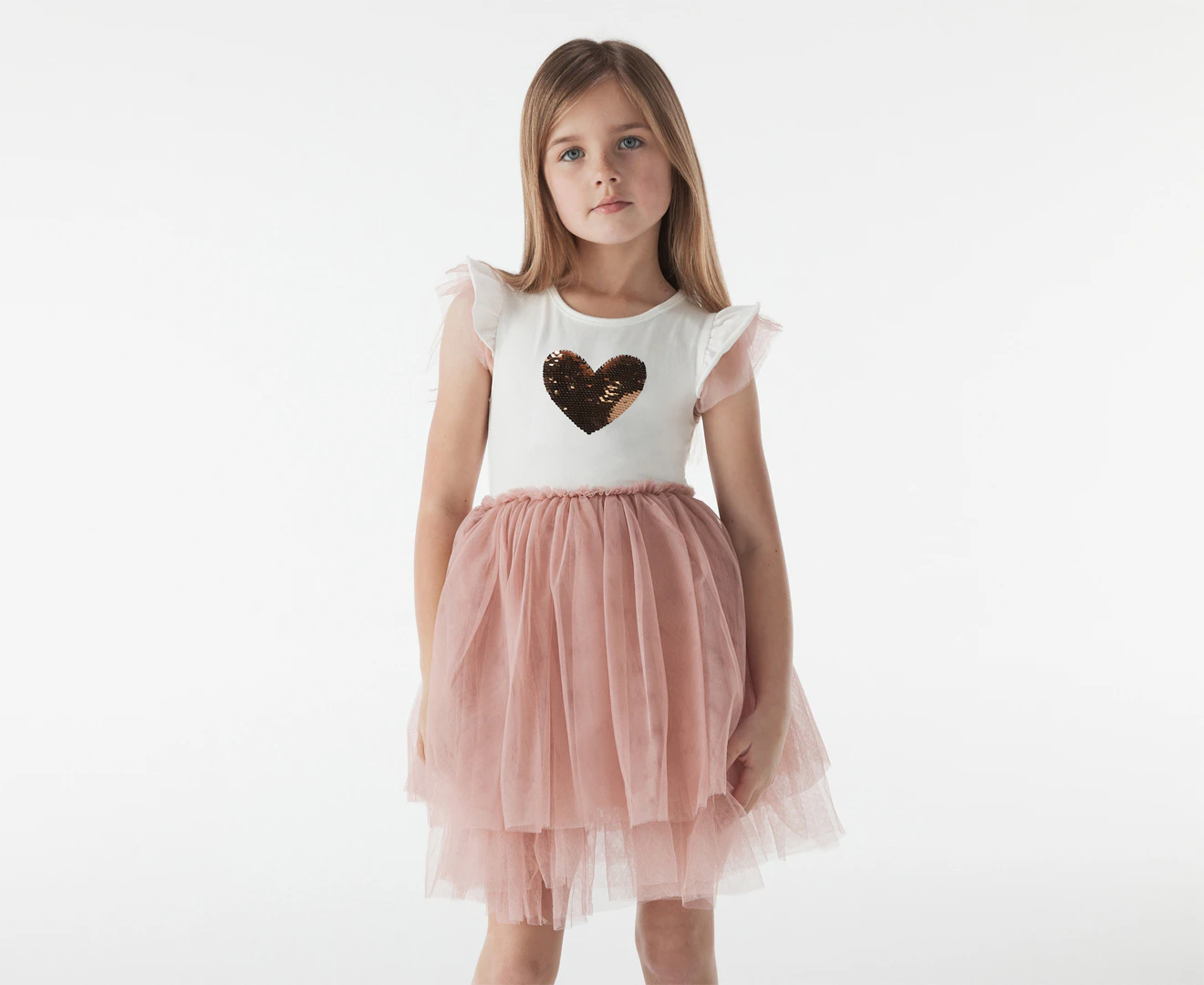 Gem Look Girls' Sequins Heart Tutu Dress - White