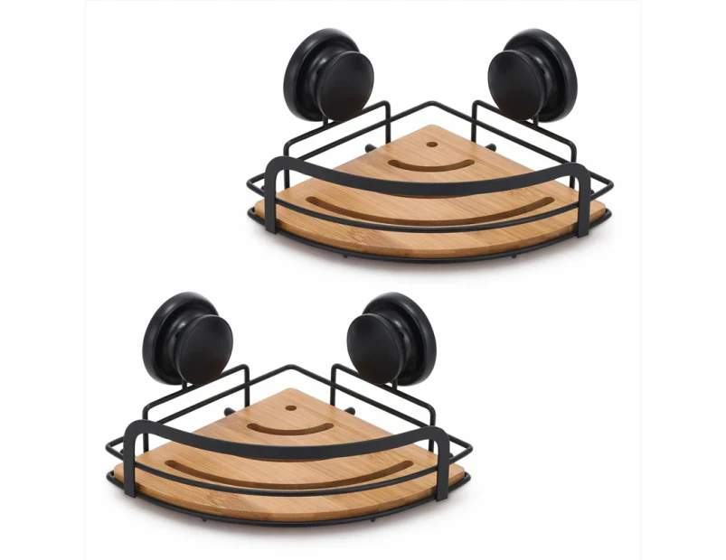2 Pack Round Bamboo Corner Shower Caddy Shelf Basket Rack With Premium Vacuum Suction Cup No Drilling For Bathroom And Kitchen