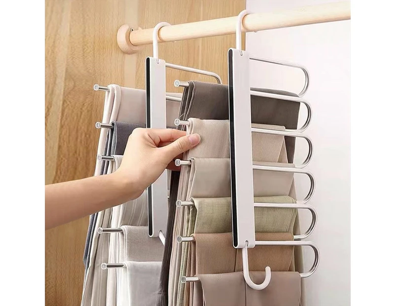 2 Pack Adjustable Multi Layer 6 In 1 Pants Hanger For Wardrobe And Home Storage White