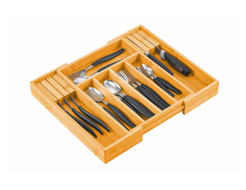 Large Capacity Bamboo Expandable Drawer Organizer With Knife Block Holder For Home Kitchen Utensils