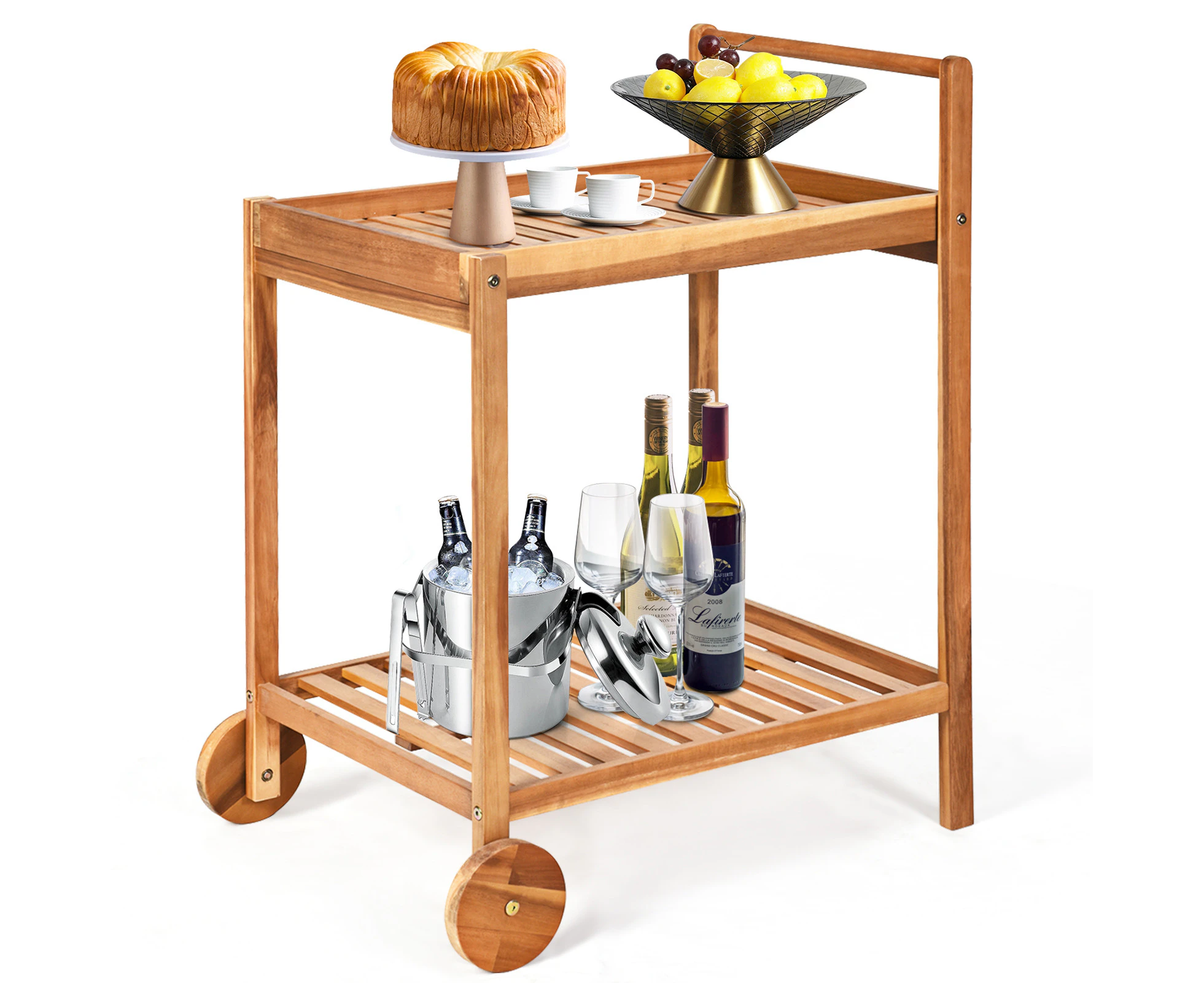 Costway 2-Tier Acacia Wood Kitchen Trolley Outdoor Serving Cart Mobile Utility Storage Shelf Living Dining Room Natural