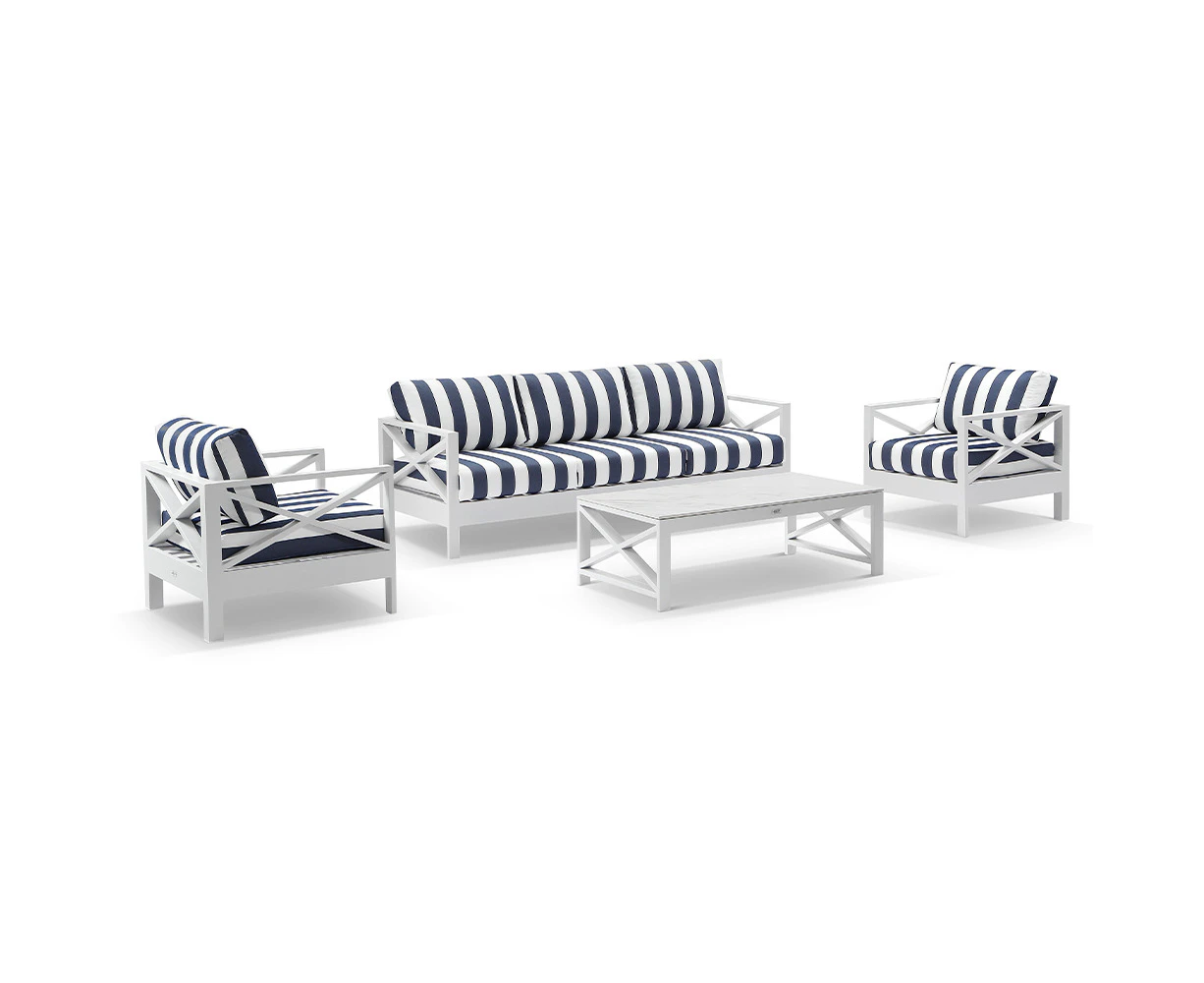 Outdoor Kansas 3+1+1 Seater Outdoor Aluminium Lounge Set With Coffee Table - White, Textured Olefin Grey - Outdoor Aluminium Lounges - White Aluminium with Navy Striped cushions