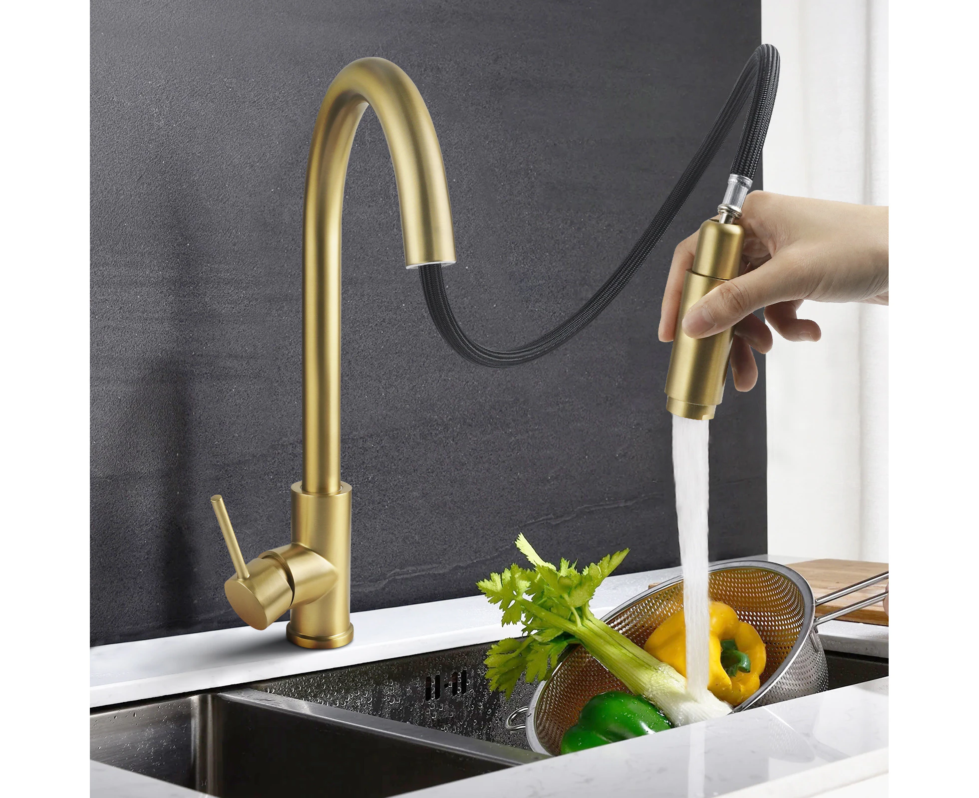 Brushed Gold Pull Out tap Kitchen Sink Mixer Tap Swivel Gooseneck Spout Round Laundry Kitchen Faucets