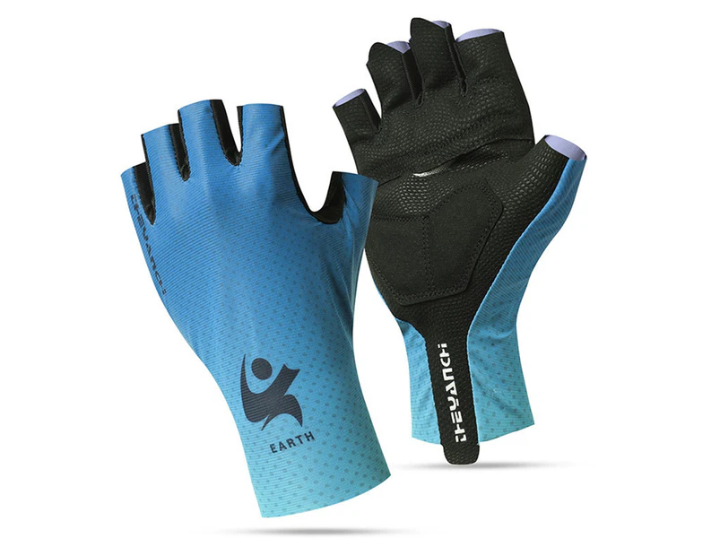 1 Pair Anti-slip Letter Print Suncreen Cycling Gloves Unisex Cycling Half-finger Gloves  for Summer - Blue