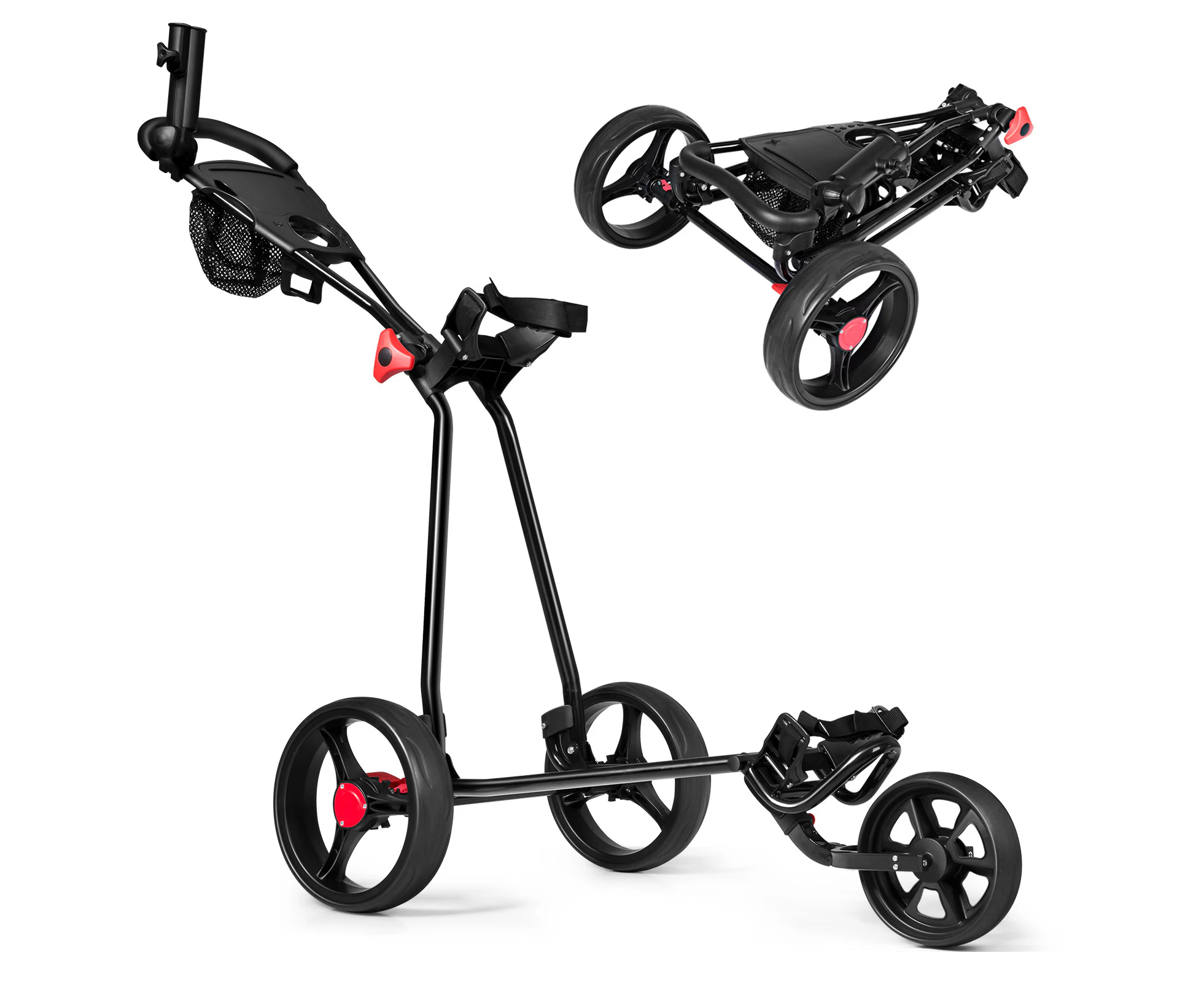 Foldable 3 Wheel Golf Push Cart Golf Buggy Golf Pull Trolley w/Scorecard & Drink Holder & Mesh Bag & Sand Bucket Hook